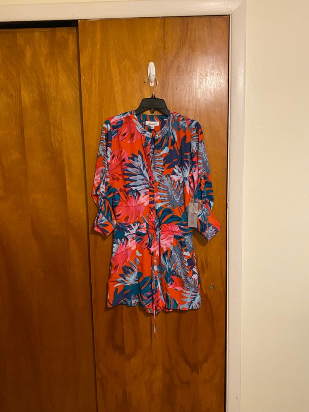 Jennifer Lopez Vibrant Tropical Print Tab Long Sleeve Red, Pink & Blue Romper